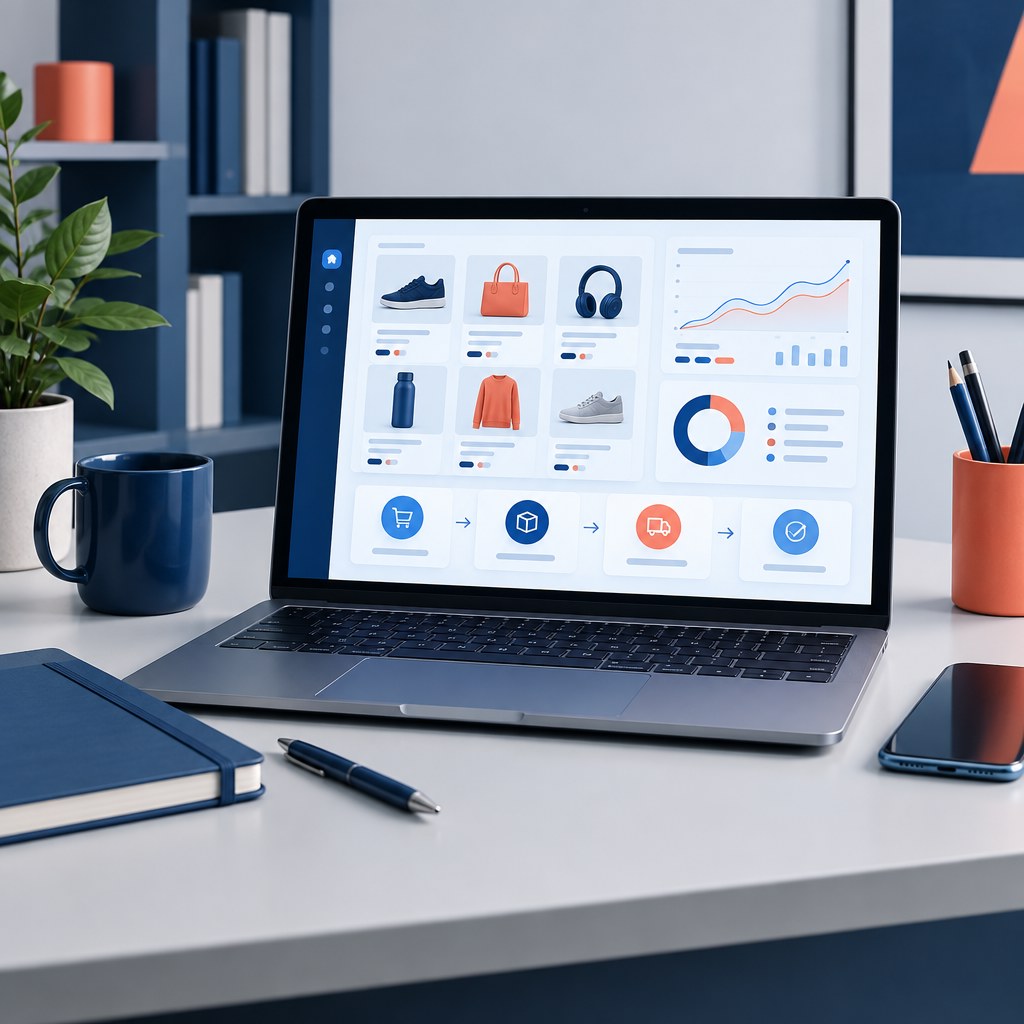Illustrazione editoriale di un sistema e-commerce organizzato con ordini e canali digitali